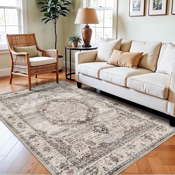 Washable Area Rugs 4x6 Entryway: Soft Ultra Thin Low Pile Mat Machine Washable Indoor Doormat Lightweight Entry Rug Anti Slip Backing Rugs for Living Room Bedroom Kitchen 4'x6' Beige