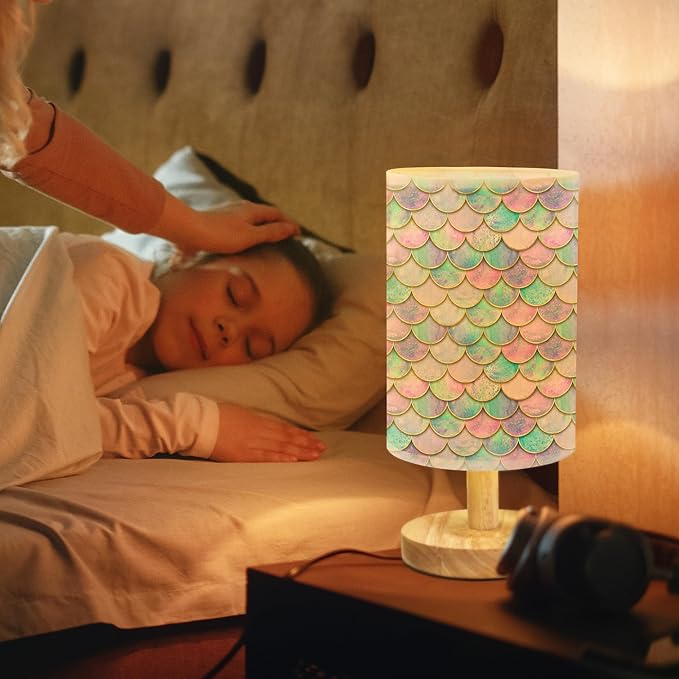 Rainbow Scales Mermaid Bedside Table Lamp for Bedroom with USB Port, Cute Cozy Kids Nightstand Lamp with Wood Base Polyester Fabric Shade for Living Room Dorm Desk (Rainbow01)