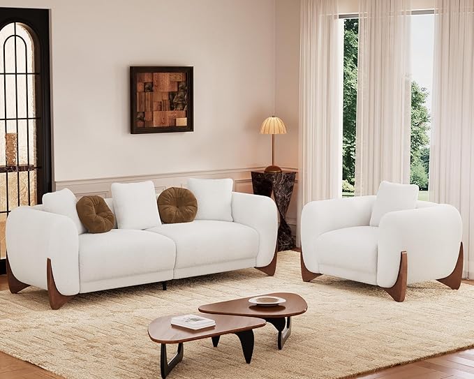 Morden Fort Sherpa Boucle Couch Armchair Single, Modern Sofa Upholstered Deep Chair with Soft Throw Pillow Skin-Friendly Minimalist Accent Chair Compatible with Sofa Set Couch for Living Room, White