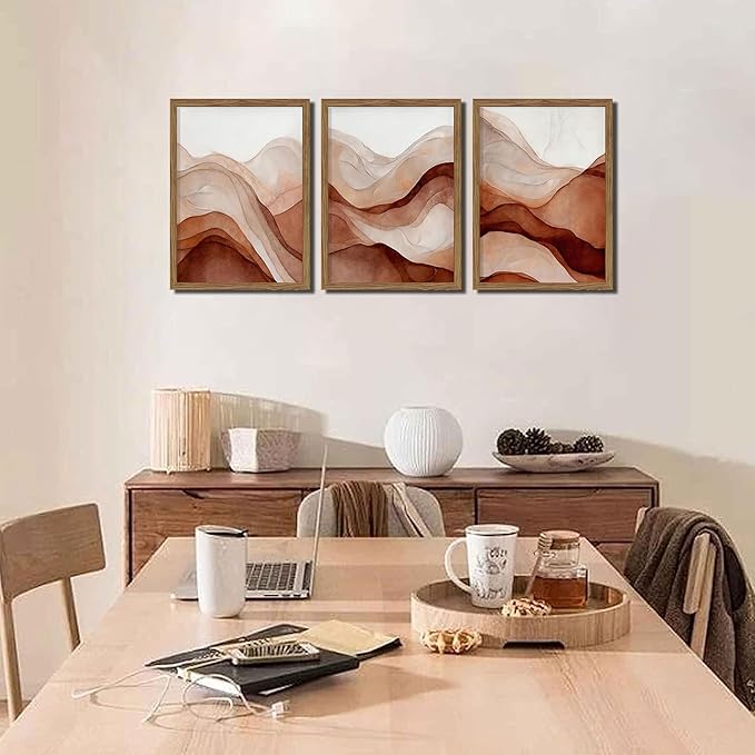 raiqtols Abstract Terracotta Watercolor Canvas Wall Art Set of 3 – Framed Boho Modern Wall Decor, Neutral Gallery Wall Art Prints with Wooden Frame for Living Room Bedroom Home Decor – 16x24in