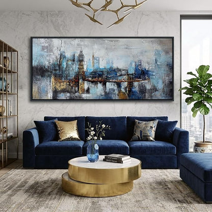 Large Wall Art for Bedroom Abstract City View Canvas Art Gray Blue Buildings Prints for Bedroom Wall Art Office Artwork Wall Decor for Living Room Decor 31x70 inches Black Framed