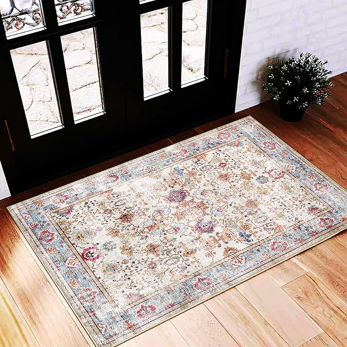 CHAMPLANT Area Rug 2'x3' Washable Rug Door Mat Vintage Distressed Doormat Indoor Entrance Traditional Thin Floral Print Non Slip Carpet for Kitchen Bathroom Bedroom Living Room