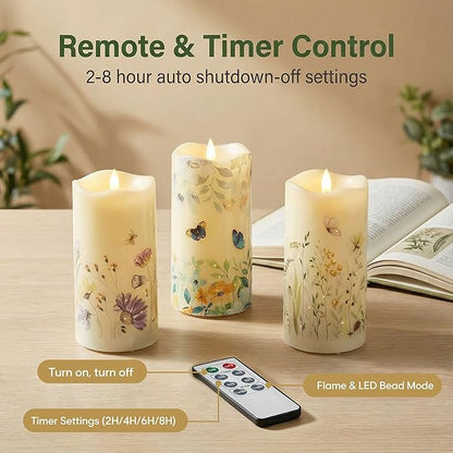 Eywamage Fiber Optic Flameless Pillar Candles with Remote Set of 3, Butterfly Floral Spring LED Candles Battery Operated Gift Φ 3" H 6"