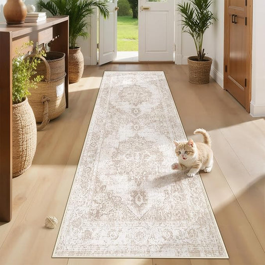 Area Rug 2x7 Runner Rugs: Washable Vintage Hallway Rug Indoor Medallion Rugs Low Pile Distressed Floor Carpet Retro Accent Rug for Kitchen Bedroom Bathroom Dining Room(Beige, 2'x7')