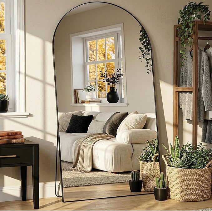 Arched Full Length Mirror 81 x 41 Inch, Full Body Mirror with Stand, Standing Hanging or Leaning Against Wall, Metal Frame Floor Mirror for Bedroom, Living Room, Cloakroom,Black