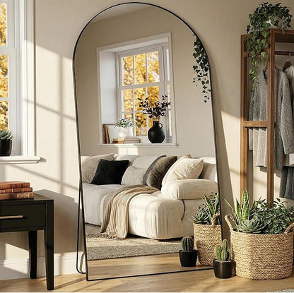 Arched Full Length Mirror 81 x 41 Inch, Full Body Mirror with Stand, Standing Hanging or Leaning Against Wall, Metal Frame Floor Mirror for Bedroom, Living Room, Cloakroom,Black