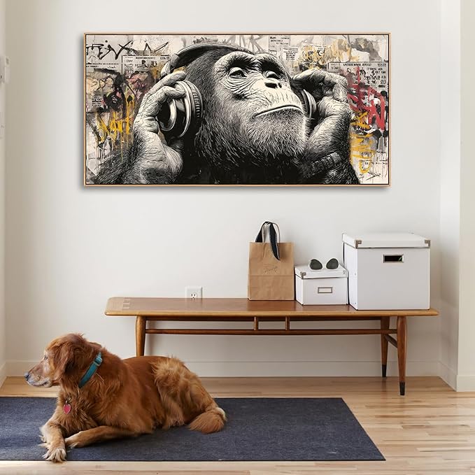 Sorbrozo Urban Graffiti Gorilla with Headphones Wall Art - Colorful Animal Canvas Painting Modern Home Decor for Living Room Boys Bedroom Music DJ Theme Gift Idea 24x48in