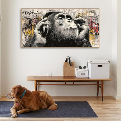 Sorbrozo Urban Graffiti Gorilla with Headphones Wall Art - Colorful Animal Canvas Painting Modern Home Decor for Living Room Boys Bedroom Music DJ Theme Gift Idea 30x58in