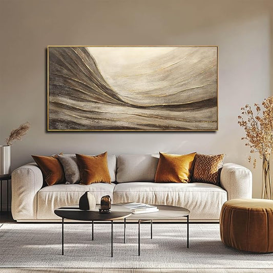 WINKAILIN Modern Abstract Wall Art with Frame Brown and Grey Painting Wave Poster Line Canvas for Living Room Bedroom Textured Home Decor 24x48 Inch