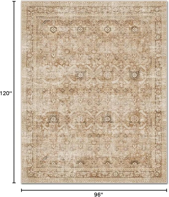 Washable 8x10 Area Rugs for Living Room, Boho Non-Slip Vintage Distress Large Rugs for Bedroom Dining Room Nursery Office, 0.3" Neutral Oriental Throw Thin Carpet, Brown/Multi, C1