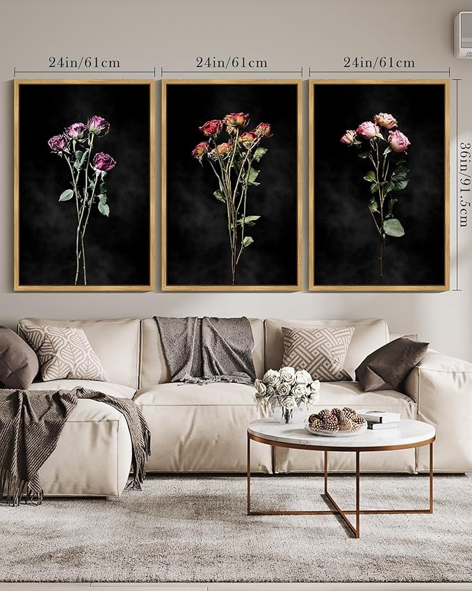 Drsoum Vintage Dark Moody Flower Bouquet Wall Art Framed Retro Wildflower Botanical Prints Modern Nature Plant Floral Rustic Artwork Bedroom Living Room Ready to Hang 24x36in Natural Framed