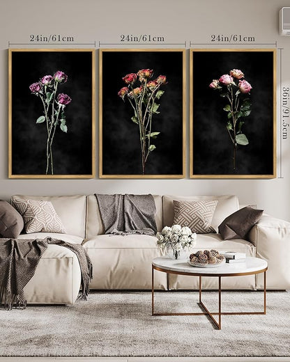 Drsoum Vintage Dark Moody Flower Bouquet Wall Art Framed Retro Wildflower Botanical Prints Modern Nature Plant Floral Rustic Artwork Bedroom Living Room Ready to Hang 24x36in Natural Framed