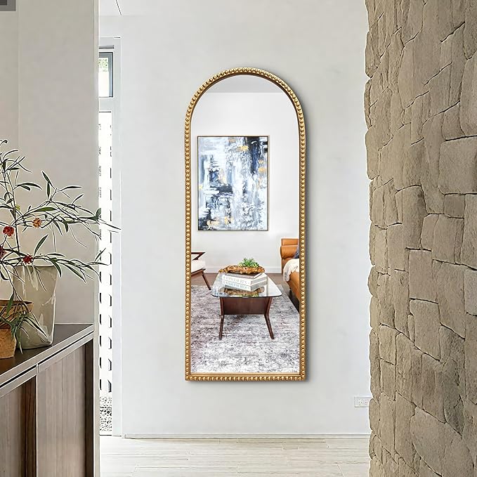 BAODANFU Vintage Full Length Wall Mirror, Large Gold Arch Floor Mirror 20"X53" with Antique Beaded Metal Frame for Dresser Living Room, Decorative Mirrors for Entryway Hallway Bathroom