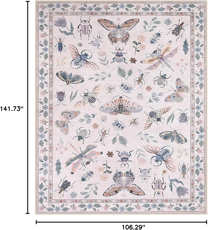 Lahome Insect 9x12 Area Rugs for Living Room Bedroom, Soft Washable Rugs 9x12 Stain Resistant, Ultra-Thin Non-Slip Non-Shedding Accent Carpet for Dining Room Office Vionnet, Pink