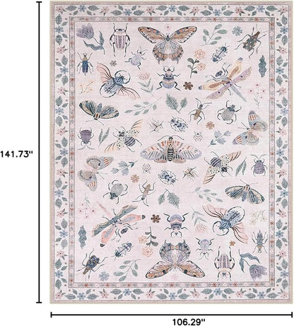 Lahome Insect 9x12 Area Rugs for Living Room Bedroom, Soft Washable Rugs 9x12 Stain Resistant, Ultra-Thin Non-Slip Non-Shedding Accent Carpet for Dining Room Office Vionnet, Pink