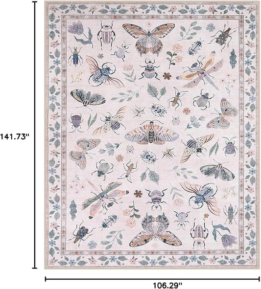 Lahome Insect 9x12 Area Rugs for Living Room Bedroom, Soft Washable Rugs 9x12 Stain Resistant, Ultra-Thin Non-Slip Non-Shedding Accent Carpet for Dining Room Office Vionnet, Pink