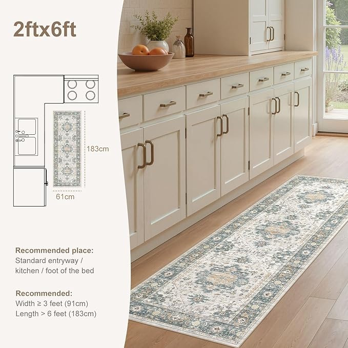 EIEIHOUSE Washable 2x6 Runner Rug - Area Rugs Neutral Vintage Distressed Floral Farmhouse Boho Large Soft Floor Rug Indoor Carpet for Hallway Entryway Bedroom Kitchen - Green/Grey