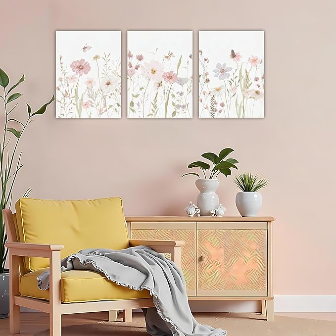 Yxjyzzkx Floral Canvas Wall Art Set of 3, Botanical Triptych Canvas Prints Wall Decor, Soft Pastel Flower Painting for Living Room Bedroom Bathroom, Waterproof Fade Resistant, 16x12 Inch Each