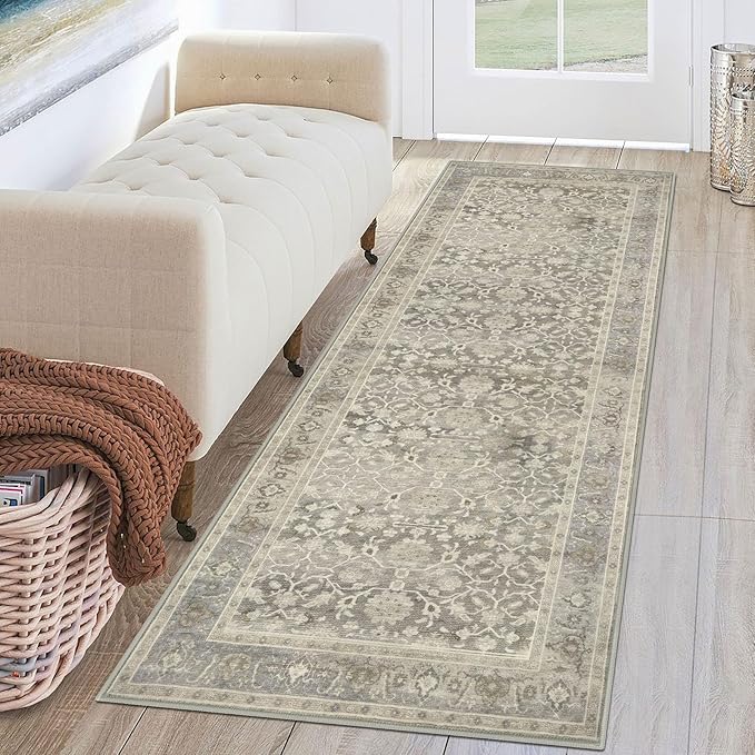 KUTA Vintage Washable Runner Rug, 2x6 Beige Runners for Hallways Non-Slip Kitchen Rugs Ultra Thin Soft Printed Oriental Floral Floor Carpet for Laundry Bedroom Living Room Nursery