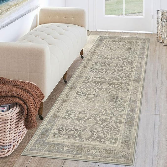 KUTA Vintage Washable Runner Rug, 2x6 Beige Runners for Hallways Non-Slip Kitchen Rugs Ultra Thin Soft Printed Oriental Floral Floor Carpet for Laundry Bedroom Living Room Nursery