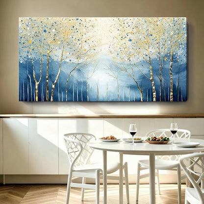 Oversized Abstract Plant Wall Art For The Living Room, Blue And Yellow Birch Forest Canvas Print, Modern Natural Horizontal Wall Decor For Bedrooms, Bathrooms, Dining Rooms, And Entryways. 58X29 Inches.