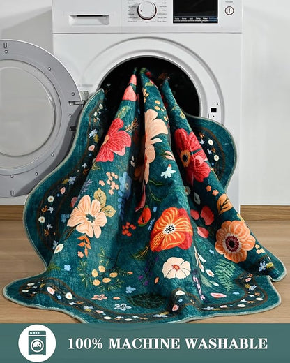 Macgace Dark Green Round Rug for Girls Bedroom, 4ft Machine Washable Floral Area Rugs with Non Slip Backing, Cute Flower Carpet Kitchen Living Room Kids Playroom Decor