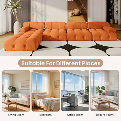 138'' Modular Sectional Couch, L-Shaped Velvet Sofa with Reversible Chaise Ottoman, Minimalist Bubble Couch, Modern Cloud Sectional Couches for Living Room, Apartment (4 Seats, 1 Ottoman, Orange)