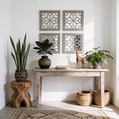 Set of 2 14 Inch Square Brown Window Pane Wall Mirrors, Shatterproof Rustic Farmhouse Boho Vintage Accent Mirrors for Living Room Bedroom Bathroom Entryway