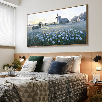 Oversize Framed Modern Wall Art, Natural Landscape Canvas Picture, Blue Rustic Farm Windmill And Floral Artwork For Living Rooms, Bedrooms, Hallways, Balconies, Dining Rooms, And Offices. 58X29 Inches.