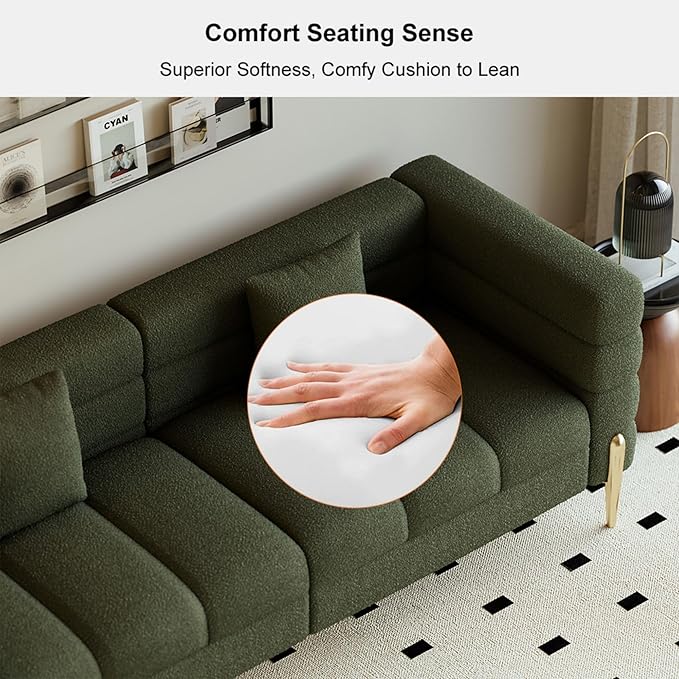 homary Boucle Sofa 79”, Modern 3 Seater Couch with Pillows, Deep Seat Upholstered Sofa for Living Room, Soft Channel-Tufted Design, Solid Wood Frame & Metal Legs(Boucle, Evergreen)