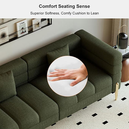 homary Boucle Sofa 79”, Modern 3 Seater Couch with Pillows, Deep Seat Upholstered Sofa for Living Room, Soft Channel-Tufted Design, Solid Wood Frame & Metal Legs(Boucle, Evergreen)