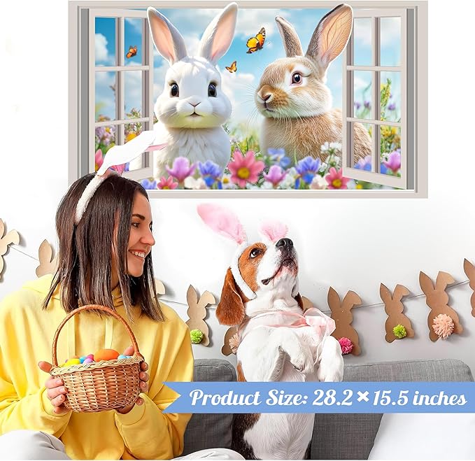 Easter Decoration Stickers for Wall Cute Bunny Vinyl Decals Peel and Stick 3D Fake Window Spring Wall Sticker Natural Landscape Walls Decal Flowers Rabbit Art Murals for Living Room Nusery Decor