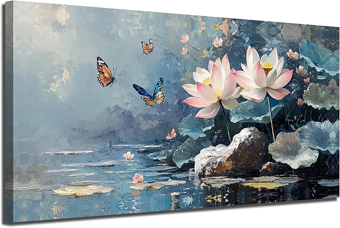 Ardemy Lotus Flower Wall Art for Living Room Butterfly Canvas Art Wall Decor, Floral Painting Textured Large Framed Picture Artwork Bedroom Kitchen Dining Home Office 48"x24"