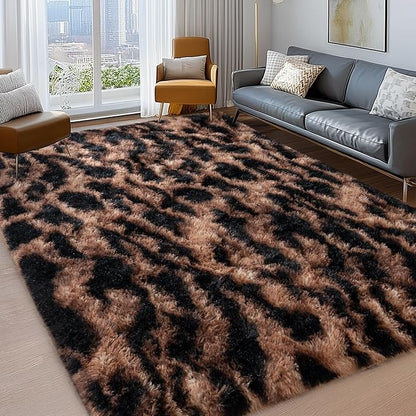 Shag Rugs for Living Room 5x7, Ultra Soft Tie-Dyed Brown Leopard Big Fuzzy Rugs for Bedroom, 5 x 7 Fluffy Shaggy Plush Cheetah Carpet Kids Room Dorm Upgrade Non-Slip