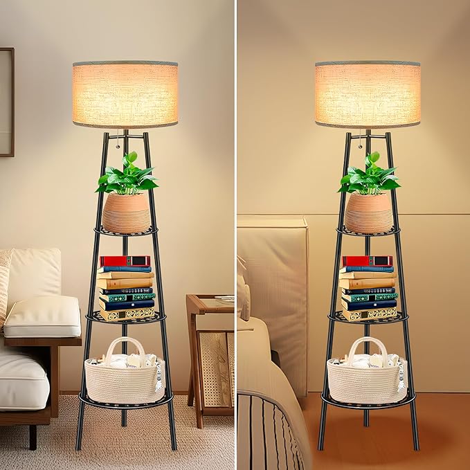 ZQQLITE 2 PCS Black Floor Lamp with Shelves for Living Room， Standing Lamp，Tall Lamp， Amparas Elegantes para Sala with Linen Shade，Modern Floor Lamp for Living Room，Bedroom or Office（Black ）