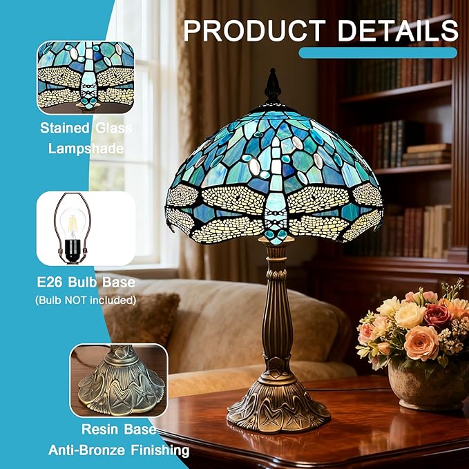 ARTZONE Tiffany Table Lamp[W12''xH20''], Tiffany Table Lights Antique Stained Glass Bedside Table Lamp for Bedside/Desk Reading/Living Room/Home Office/Bedroom(Dragonfly)