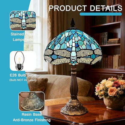 ARTZONE Tiffany Table Lamp[W12''xH20''], Tiffany Table Lights Antique Stained Glass Bedside Table Lamp for Bedside/Desk Reading/Living Room/Home Office/Bedroom(Dragonfly)