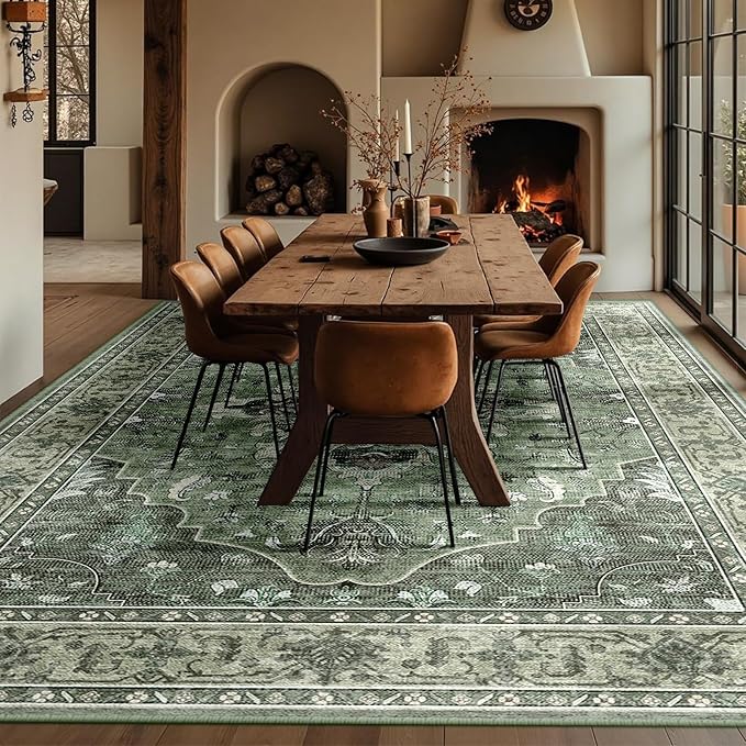 RELEANY Area Rugs 10'x12' Washable Non-Slip, Floral Vintage Distress Print Pattern Medallion Carpet for Living Room Bedroom Dining Room, Dark Green Gray