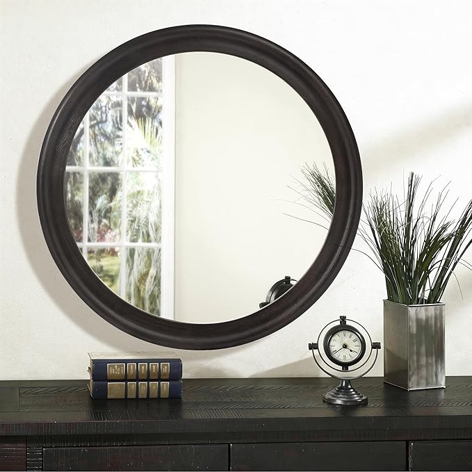 CULER Round Wall Mirrors 36 Inch,Wood Rustic Decorative Transitional Mirror with Walnut Frame for Wall,Farmhouse Mirror for Bathroom Bedroom Living Room or Entryway（Dark Brown）