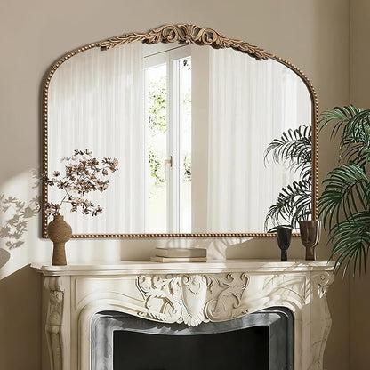 Besdomus Gold Large Fireplace Mirror: 48"x 33" Baroque Vintage Arched Mirror - Traditional Ornate Antique for Bathroom/Vanity/Mantel/Bedroom/Entryway/Hallway - Home Decor for Living Room