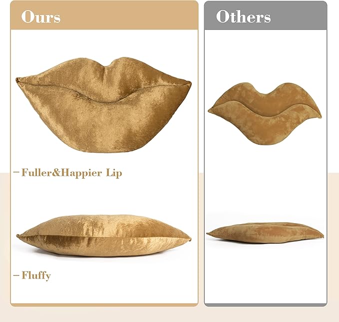 AELS 3D Large Lips Throw Pillows Smooth Soft Velvet Decorative Throw Pillows Love Pillows Cute Pillow 24 X 12 inches for Couch Sofa Bed Living Room Bedroom, Gold