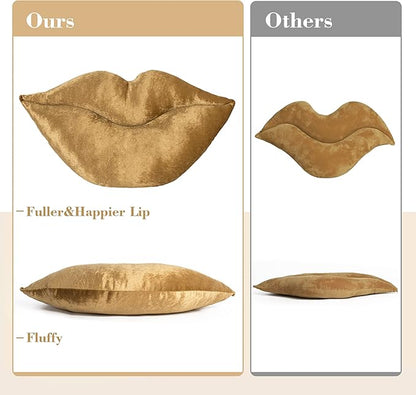 AELS 3D Large Lips Throw Pillows Smooth Soft Velvet Decorative Throw Pillows Love Pillows Cute Pillow 24 X 12 inches for Couch Sofa Bed Living Room Bedroom, Gold