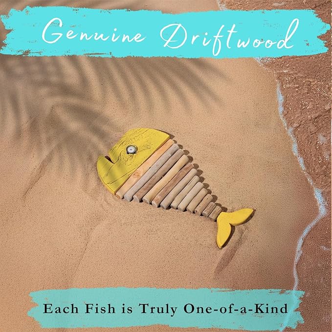 Driftwood Fish Nautical Wall Decor - Handmade Wooden Rustic Coastal Wall Art for Living Room, Bedroom, Office, Bathroom - Ocean Beach Decoration (Goldie)