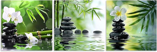 TutuBeer 3 Panels Zen Canvas Wall Art Spa Wall Art Spa Stones White Orchid Flower and Green Bamboo Pictures Prints on Canvas for Home Office Wall Decor Stretched and Framed Each Panel 16x16inch