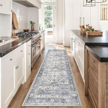 KUTA Vintage Washable Runner Rug, 2.6x8 Grey Blue Runners for Hallways Non-Slip Kitchen Rugs Ultra Thin Soft Printed Distressed Oriental Floral Floor Carpet for Laundry Bedroom Living Room Nursery