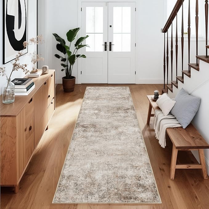 Washable 2x6 Kitchen Runner Rug: Abstract Indoor Rubber Backing Runners for Hallway Bathroom Bedroom - Easy Clean Soft Thin Floor Mat - Modern Neutral Decor Throw Carpet - Beige Brown