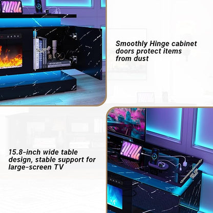 chartustriable 71IN LED TV Stands w/40 inch Fireplace Power Outlet for 85/80/75 Inch TVs,High Glossy Modern TV Media Console Gaming with 2 Storage Cabinets,Dual LED Lights,Black Marble