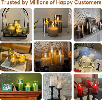 Eywamage Green Glass Flameless Pillar Candles with Remote, Flickering Spring Battery LED Candles Holiday Decor Set of 3