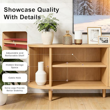 70" Mid Century Modern TV Stand, Wood TV Consoles with Sliding Doors and Power Outlet, Entertainment Center with Adjustable Shelves, Fluted TV Stands for Living Room, Oak