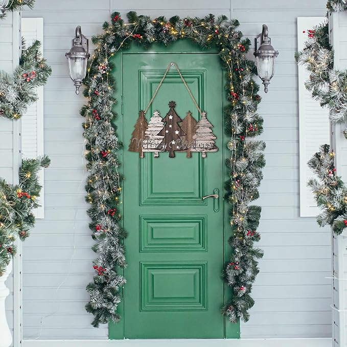 Soaoo Rustic Christmas Door Sign Decor Neutral Wooden Farmhouse Christmas Tree Hanging Sign Nature Vintage Xmas Front Door Decor Wood Welcome Hanger for Home Wall Indoor Outdoor Decoration
